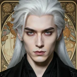 portrait of 4 0 - year - old man with white hair with a pale complexion, pointed face and grey eyes, clear smooth face, no beard, wearing all black clothes, haughty facial expression, hyper realistic face, beautiful eyes, close up, fantasy art, in the style of greg rutkowski, intricate, alphonse mucha, hyper detailed, smooth