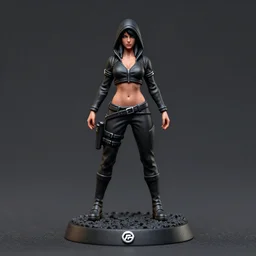 80mm resin detailed miniature of a assassin woman in black, head, stomach, navel, boots, Logo, textured base; Product Introduction Photos, 4K, view from front