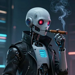 An android smoking a cigar in a cyberpunk setting by Evgeny Lushpin, Trending on Artstation