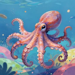 a digital painting of an octopus!!!!!! floating in a bright colorful space ocean surrounded by roses!!!!!!, graphic novel, sharp focus, retro futuristic, 8 k, highly detailed, lovecraftian by skottie young