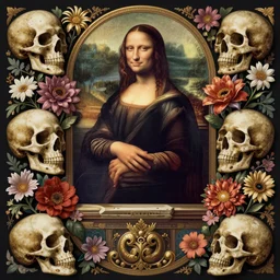 the oracle of ancient wisdom surrounded by floral skulls, italian futurism, da vinci, dan gonzalez