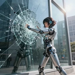 a large reflective shattered window, beautiful cyborg - girl punching into window, punching into reflections, glass shards flying, reflective, mirror reflection, refractions on lens, full round face, biomechanical details, cyberpunk anime art, full body shot, lens flare, wlop, ilya kuvshinov, artgerm, krenz cushart, greg rutkowski