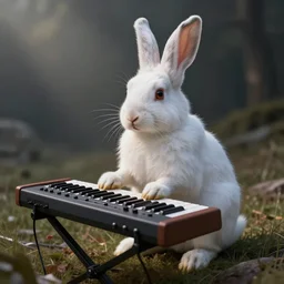 a white evil looking hare producing music with a synthesizer, extremely detailed hyperrealistic digital art