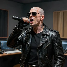 A hyper real comic book style portait painting of the terminator singing in a music studio, unreal 5, hyperrealistic, octane render, cosplay, RPG portrait, dynamic lighting