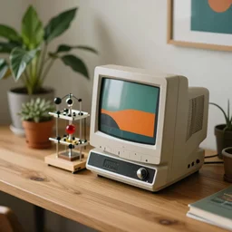 tilt shift photography, extreme dof, a miniature rube goldberg machine, retro 1 9 9 0 computer on a wood tabletop, bold modern art, midcentury, exotic house plants, lofi, japanese design, chill out