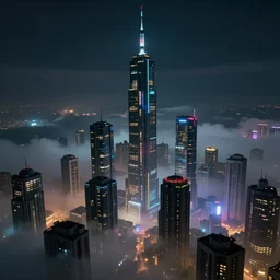 futuristic cityscape in the clouds at night, foggy, detailed high - rises, colorful lighting, dark atmosphere, dim volumetric lighting, 8 k octane render, hdr, postprocessing, hyperdetailed, intricate, epic composition, cinematic lighting, masterpiece, trending on artstation, by nathan walsh, by greg rutkowski
