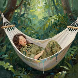 portrait of a beautiful girl in a dense jungle, hammock, sleeping, military clothes, pastel colors, beautiful face, rule of thirds, spotlight, drips of paint, expressive, passionate, by mandy jurgens, by vincent van gogh, digital painting
