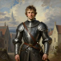 portrait of a young squire, painting by michael wellen, john stephens, in a medieval city, tone mapping, airbrushed clouds, trending on artstation