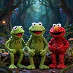 demonic muppets in magical forest, kermit, elmo, dark atmosphere, soft lighting, high detail, 8 k