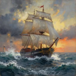 painting of a sailing ship in a horrible stormwith big waves, lighthouse at sunset, natural light, concept art, by greg rutkowski, cozy atmospheric and cinematic lighting