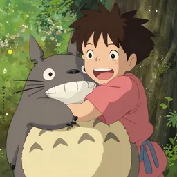 a kid squeeze hugging a plushy toy happily, animation, in the style of my neighbor totoro ( 1 9 8 8 )