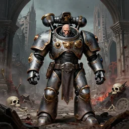 warhammer 4 0, 0 0 0 4 0 k emperor armor realistic anthropomorphic dreadnaught scifi cyberpunk, background is ruined postapocalyptic cityscape, gothic, bloody, horror, arches, skulls, colonial marine, gundam armor, visible face and full body portrait art by donato giancola and greg rutkowski, vintage retro scifi, realistic face, digital art, trending on artstation, symmetry syd mead, vincent di fate, michael whelan, john berkey