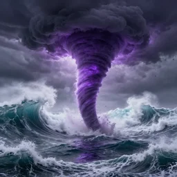 a realistic purple tornado splitting the sea in half as tsunamis rush over everywhere digital art