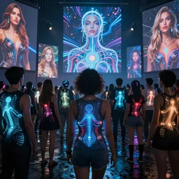 diverse groups of humans with glowing electronic body implants projecting amazing images collectively, from behind, rebirth, beauty, wide angle, elaborate, wet, highly detailed, colors, beautiful lighting