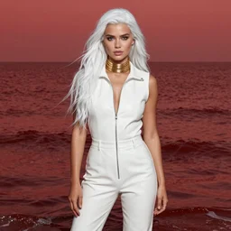portrait of a beautiful australian girl, with long white hair, in a white leather jumpsuit, standing in the middle of a red sea, oiled, very beautiful style, her neck in gold rings, photorealism john singer sargent, edgard maxence