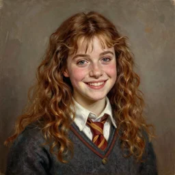 painting of claudia vega as hermione granger. smiling. happy. cheerful. art by william adolphe bouguereau. extremely detailed. beautiful. 8 k. award winning.