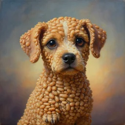 painting of a very very very cute dog made of beans, close up of a puppy, dog's skin is made of baked beans, by zdzislaw beksinski, by dariusz zawadzki, by wayne barlowe, gothic, surrealism, cosmic horror, lovecraftian, cold hue's, warm tone gradient background, concept art, beautiful composition