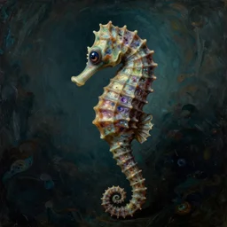 an organic alien rococo portrait of a seahorse with big eyes, 1 8 th century painting. moody bluegreen atmosphere, dark organic background