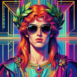 synthwave outrun art - deco colorful portrait of glamor greek god zeus | wearing sunglasses and a laurel wreath | highly detailed | very intricate | symmetrical | professional model | cinematic lighting | award - winning | painted by mandy jurgens | pan futurism, dystopian, bold colors, anime aesthestic, 8 0 s nostalgia | featured on artstation