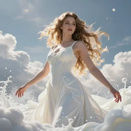 a beautiful female goddess of milk character, character is in all its glory, character is centered on the image, character is in heroic natural pose, rim lights, milk in the air, fancy clouds, highly detailed professional photo, dynamic lights, particles are flying, depth of field, trending on artstation, illustration, hyper realistic, vray caustics, super detailed, colorful accents, cinematic shot