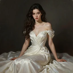 sexy young woman sitting, fantasy, intricate, highly-detailed, elegant, dramatic lighting, gorgeous face, lifelike, photorealistic face, long luxurious gown, digital painting, artstation,  illustration, concept art, smooth, sharp focus, art by Jude Palencar, Luis Royo, John Collier and Albert Aublet and Krenz Cushart and Artem Demura and Alphonse Mucha