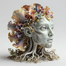 complex 3d render ultra detailed of a beautiful porcelain colourful nudibranch, distributed conciousness, biomechanical cyborg, analog, 150 mm lens, beautiful natural soft rim light, roots, fine foliage lace, ernst haeckel,  chitin, visceral, art nouveau , intricate details, satin silver beautiful gold metal details, mesh wire, neri oxman, facial muscles, cable wires, microchip, elegant, hyper realistic, ultra detailed, octane render, H.R. Giger style, volumetric lighting, 8k post-production