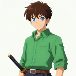 Anime boy Green Shirt Brown Belt Brown Hair Blue Eyes Katana. Blade Runner 2049. concept art by James Gurney and Mœbius.