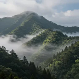 mist - clad mountains with forest, yukio - e, nouveau - art