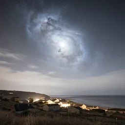 a beautiful!!! double exposure of the astronomy picture of the day, nebula!, with a rural seaside village landscape at night, soft white light, muted, neutral light, light blue tones, long exposure clouds, unreal engine