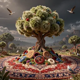 an epic pile tree in the magic Fluffy 3d Persian Carpet dimension, everything is carpet and 3d, birds and trees, surreal, photorealistic concept art, immense detail, epic, striking