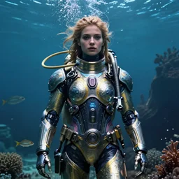 detailed ultrarealistic photography front medium shot of deepsea diving suit templar girl, avatar, fantasy, waterworld, postapocalyptic, cyberpunk cyborg, leyendecker, norman rockwell, greg rutkowski, artstation cinematic, vray game of thrones, lord of the rings, starwars