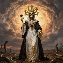 rembrandt style. golden skeleton,  female with zombie face, wearing white and black victorian robe with an aureola made of golden cactae over the head and holding a rose, with warm backlight.  whirlpool of clouds forming acircular background. sunset light. beneath there's a barren land with serpents. apocalyptic. low angle.