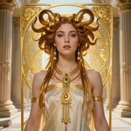 Sidney Sweeney as the Medusa Gorgon, a beautiful art nouveau portrait by Gil elvgren, Greek temple environment, centered composition, defined features, golden ratio, gold jewlery, photorealistic professionals lighting, cinematic, sheer