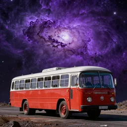 Soviet era bus in space in front of a purple nebula