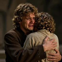 anakin skywalker crying, while hugging qui-gon jinn