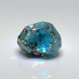 photograph of a chunk of raw uncut paraiba tourmaline sitting on a table, white background, rainbow refraction patterns, caustics, reflective,