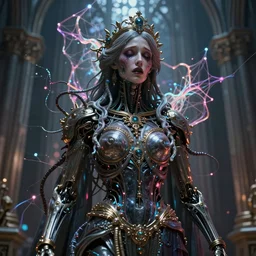 beautiful portrait of the priestess of pain and sorrow, bio-mechanical cathedral ,intricate tendrils, chaotic swirling ferrofluids, baroque, octane render, glow, surreal dramatic lighting, intricate details and ornaments, 8k, cinematic, blur, shallow depth of field, neuro web, plasma, neon