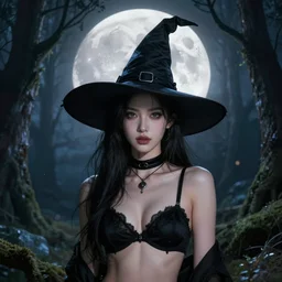 portrait of an attractive girl as witch in front of the full big moon in a fantasy forest, black bra, by james gurney, max liebermann, greg rutkowski, highly detailed digital art, artstation