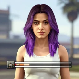 a stunning GTA V loading screen with a beautiful woman with ombre hairstyle in purple and pink blowing in the wind, tanktop and skirt, aviator sunglasses, city streets, digital art, trending on artstation