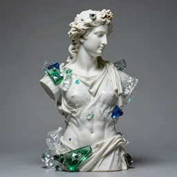 “Apollo statue made of pieces of glass and plastic bags, detailed but rough, 4k photo, caustics and glitter”
