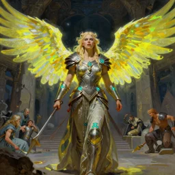 An oil painting of the beautiful Valkyrie viking goddess of war, very aesthetic, blonde, detailed face, neon-yellow-holographic wings, by Frank Frazetta, Greg Rutkowski, Boris Vallejo, Neal Hanson, Christian MacNevin, epic fantasy character art, goddess of anger, teal-neon viking runes, detailed viking armor, high fantasy, full length, exquisite detail, post-processing, low angle, masterpiece, cinematic, odin's stone arena background