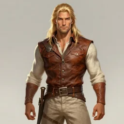 a male ranger, dnd, with a leather vest and linen pants, long swept back blond hair, chiseled good looks, digital art