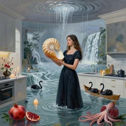 tall female artist holding a nautilus in her flooded kitchen, pomegranates, octopus, water gushing from ceiling, painting of flood waters inside an artist's apartment, a river flooding indoors, candles, ikebana, zen, rapids, waterfall, black swans, canoe, berries, acrylic on canvas, surrealist, by magritte and monet