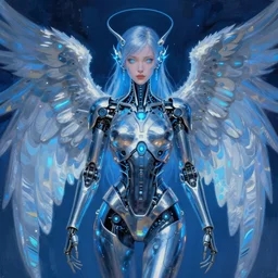 formal portrait of beautiful cybernetic angel, painted by jesper ejsing. fantasy, sci - fi, neon blue and chrome, metal angel wings, glowing eyes, artstation