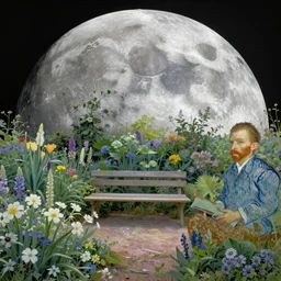 a landscape portrait on the moon of an ethereal garden with a wooden bench in the middle , Monet and Vincent van Gogh trending on artstation, omnious, soft, hypermaximalistic, high details, cinematic, 8k resolution