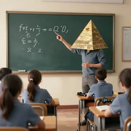 pyramid head teaching math to a class, octane render, ps4 still