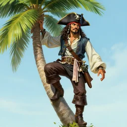 an epic fantasy comic book style portrait painting of a pirate climbing a palm tree to get a coconut, awesome pose, character design by mark ryden and pixar and hayao miyazaki, unreal 5, daz, hyperrealistic, octane render, cosplay, rpg portrait, dynamic lighting, intricate detail, summer vibrancy, cinematic