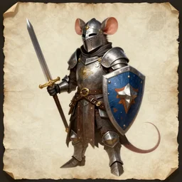 character design sheet for a heroic mouse knight wearing a helmet with sword and shield on a parchment background, redwall, greg rutowski and jean baptiste monge, very very detailed, epic fantasy concept art