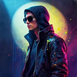 a beautiful cyberpunk hacker wearing sunglasses, side portrait, passionate, spotlight, paint drips, paint splatter, vibrant colors, dramatic, canvas texture, futuristic clothing, by marco paludet and marion bolognesi