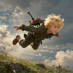 a young blonde boy fantasy thief flying through the clouds with grass hills beneath him, andreas rocha style